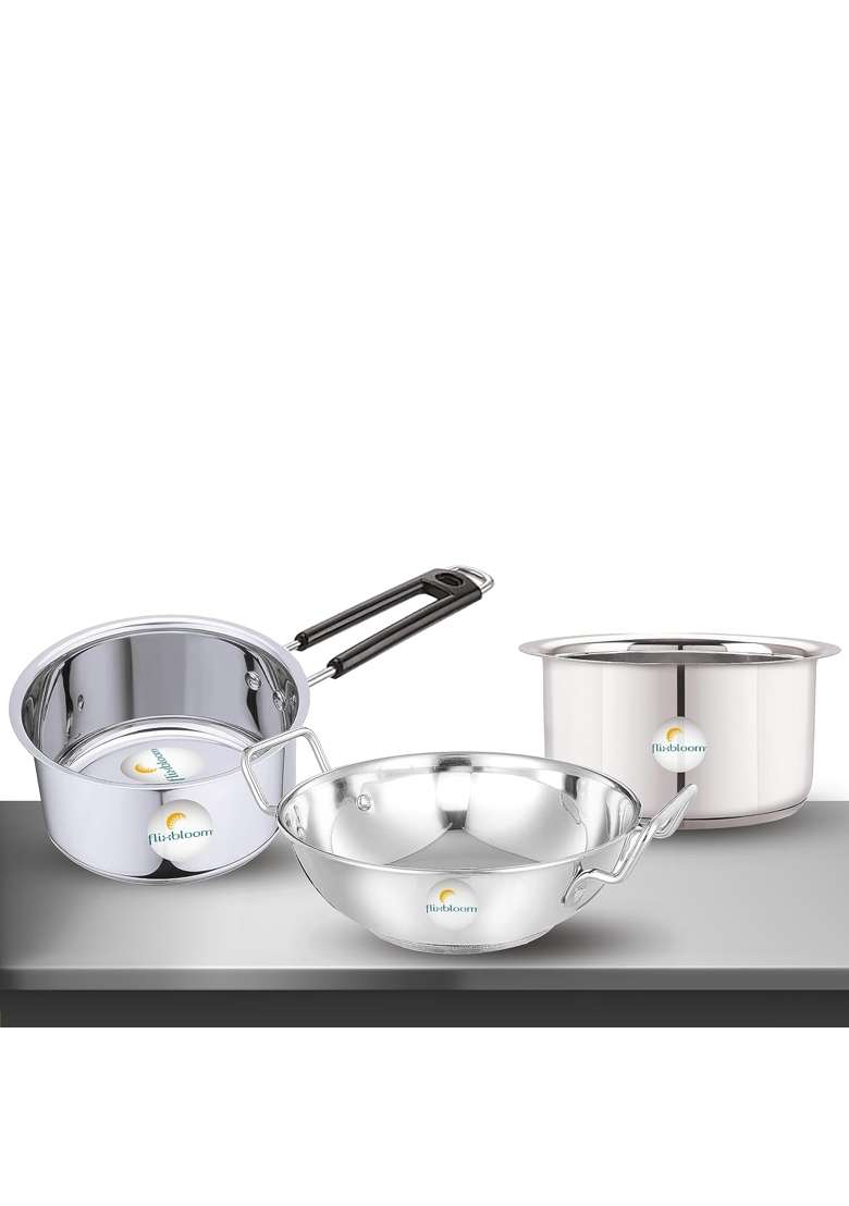 FLIXBLOOM Finest Stainless Steel Combo Utensils Cookware Sets of Induction and LPG Friendly | 2 L | 2.1 Qt | 3-Piece Set - Indya