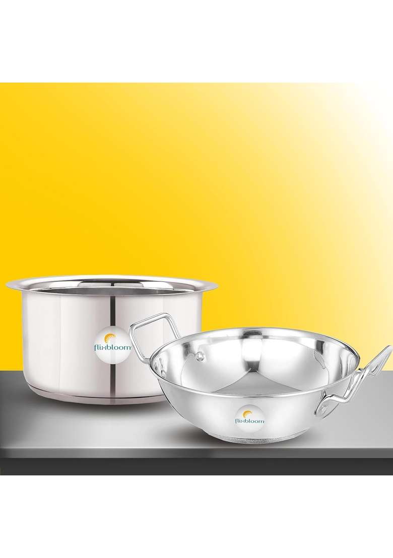 FLIXBLOOM Finest Stainless Steel Combo Utensils Cookware Sets of Induction and LPG Friendly | 2.5 L | 2.6 Qt | 2-Piece Set - Indya