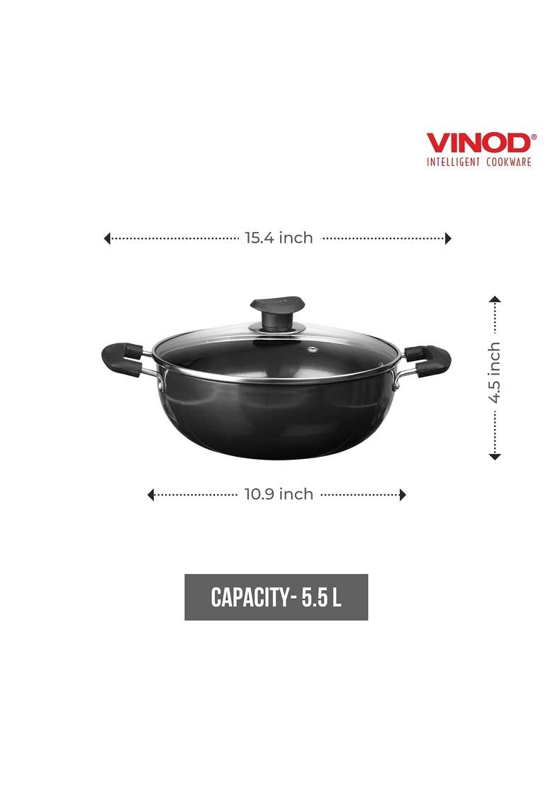 Vinod Cookware Deep Kadhai with Glass Lid | 5.5 L | 5.8 Qt | 28 cm | 11 Inch - Indya
