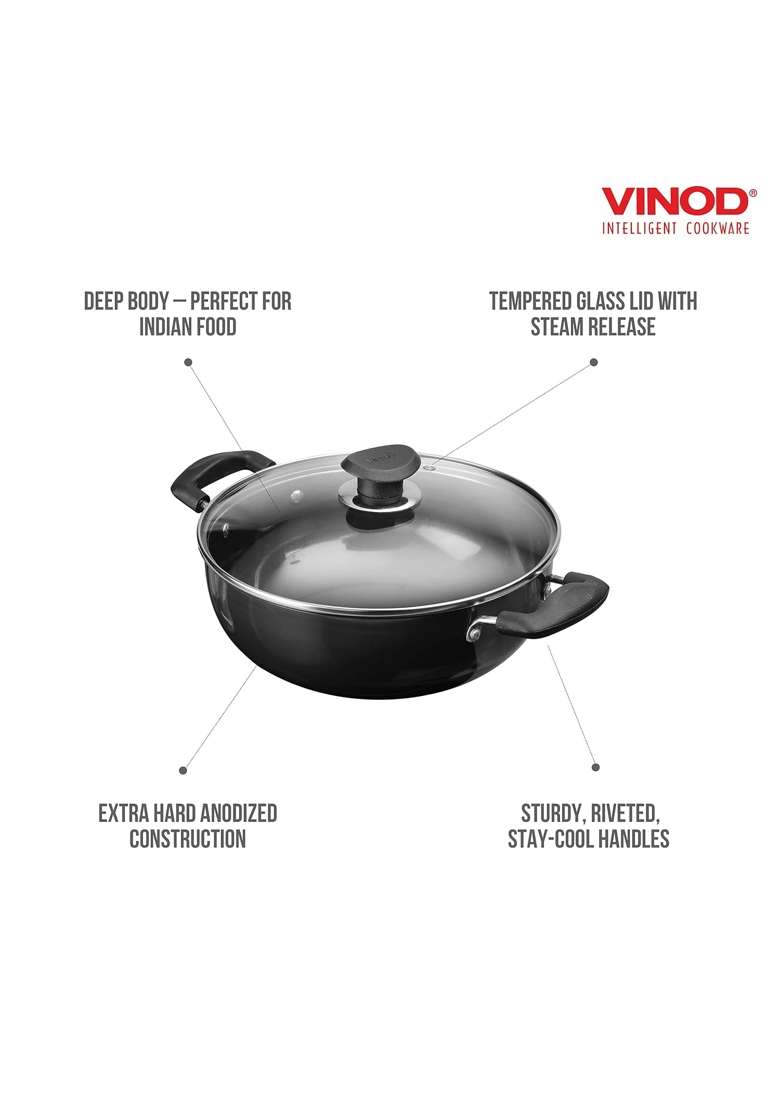 Vinod Cookware Deep Kadhai with Glass Lid | 5.5 L | 5.8 Qt | 28 cm | 11 Inch - Indya