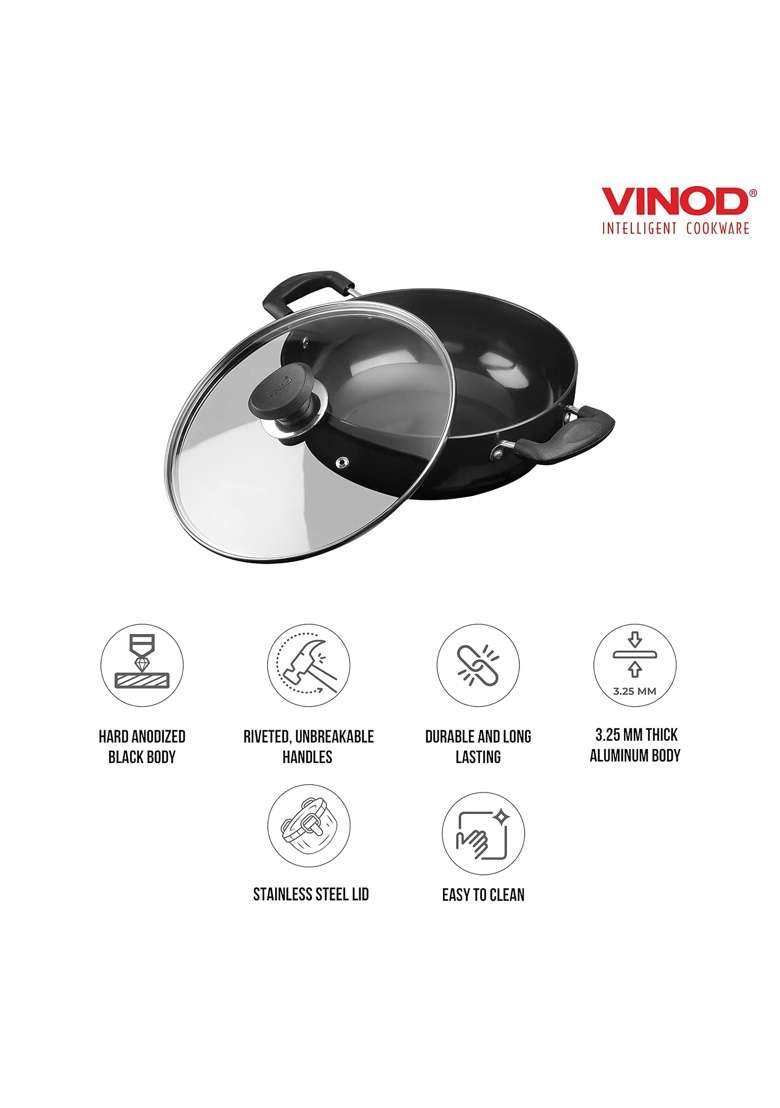 Vinod Cookware Deep Kadhai with Glass Lid | 5.5 L | 5.8 Qt | 28 cm | 11 Inch - Indya