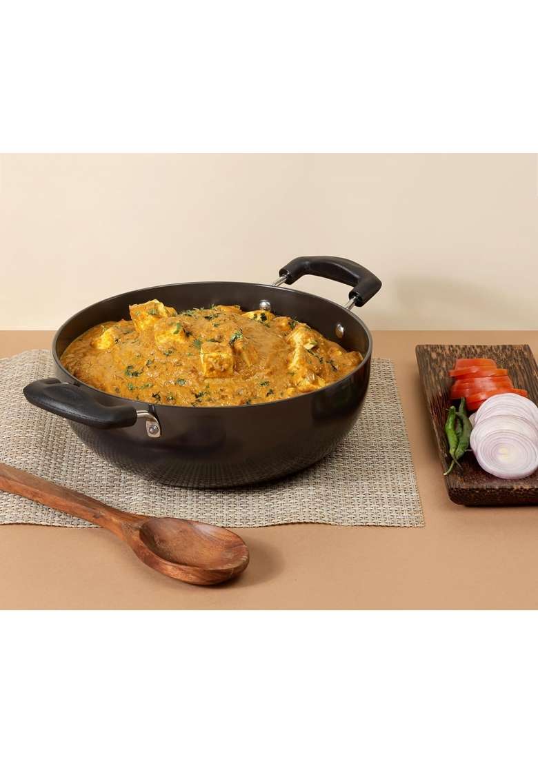 Vinod Black Pearl Hard Anodised Non Stick Deep Kadhai Wok with Glass Lid | 5.5 L | 5.8 Qt | 28 cm | 11 Inch - Indya
