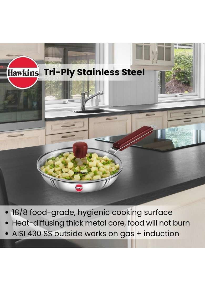 Hawkins Frying Pan Triply Stainless Steel Fry Pan with Glass Lid | 20 cm | 7.9 Inch | Induction Compatible - Indya