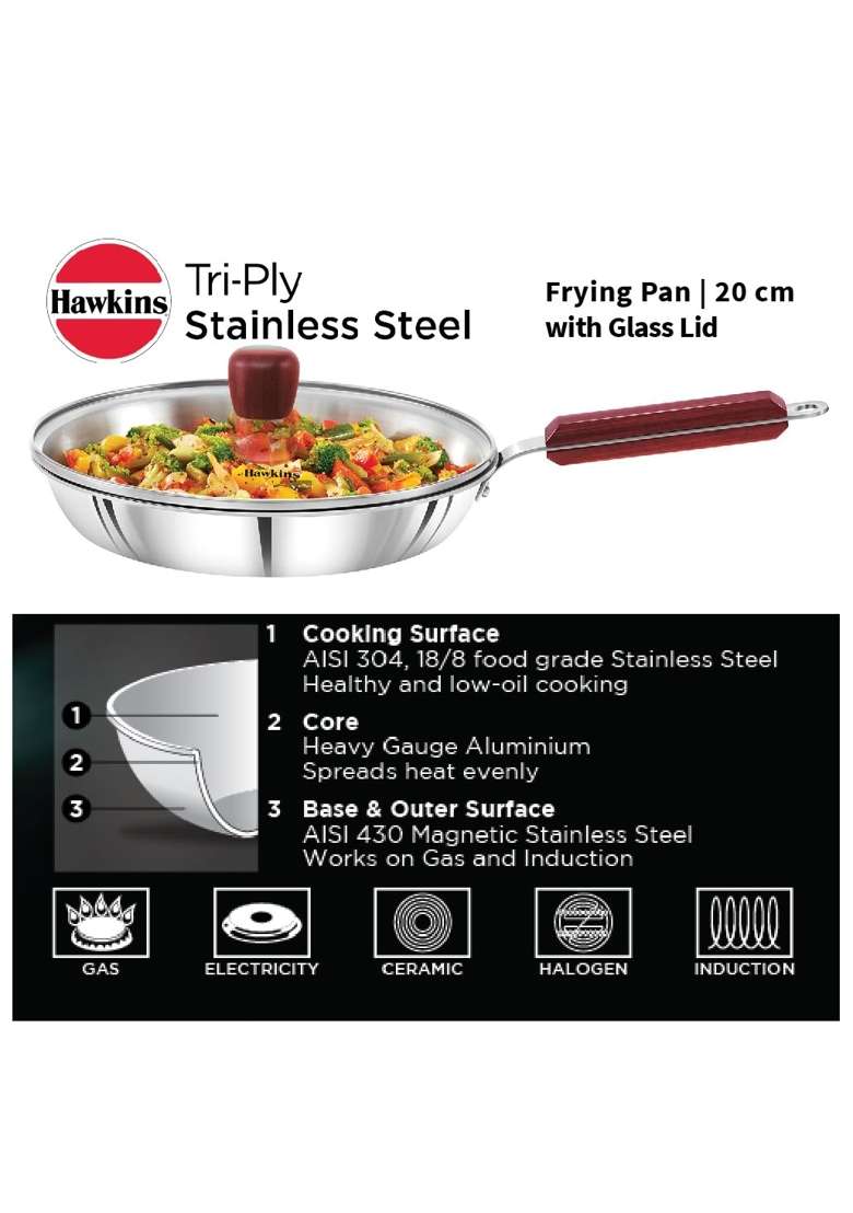 Hawkins Frying Pan Triply Stainless Steel Fry Pan with Glass Lid | 20 cm | 7.9 Inch | Induction Compatible - Indya