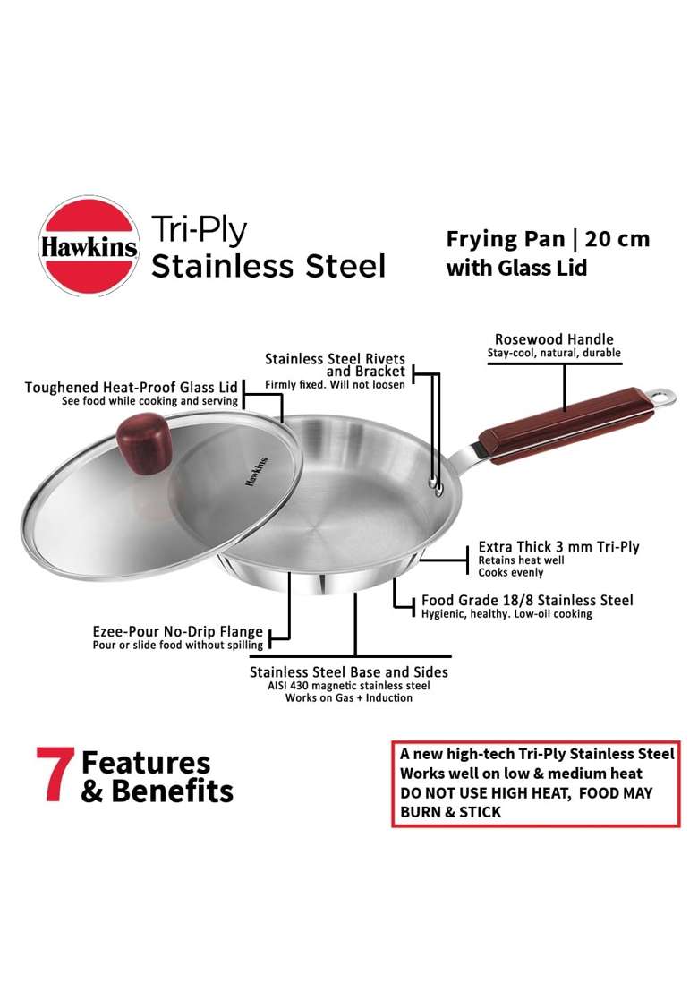 Hawkins Frying Pan Triply Stainless Steel Fry Pan with Glass Lid | 20 cm | 7.9 Inch | Induction Compatible - Indya