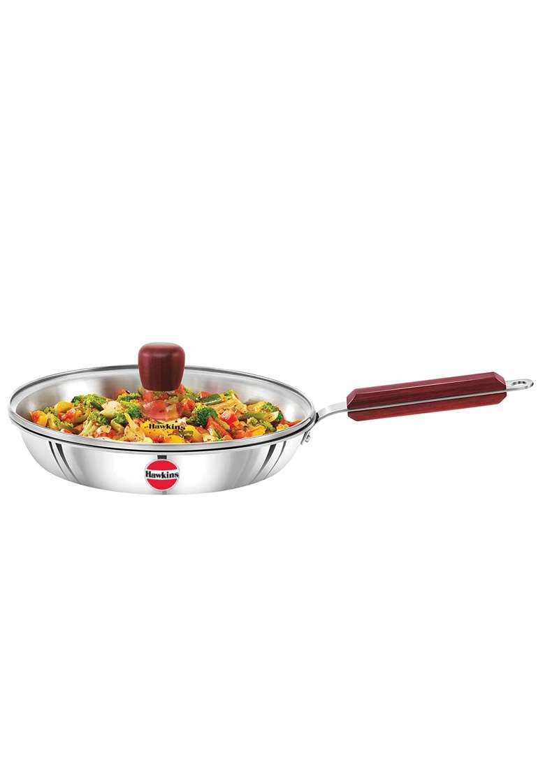 Hawkins Frying Pan Triply Stainless Steel Fry Pan with Glass Lid | 24 cm | 9.4 Inch | Induction Compatible - Indya