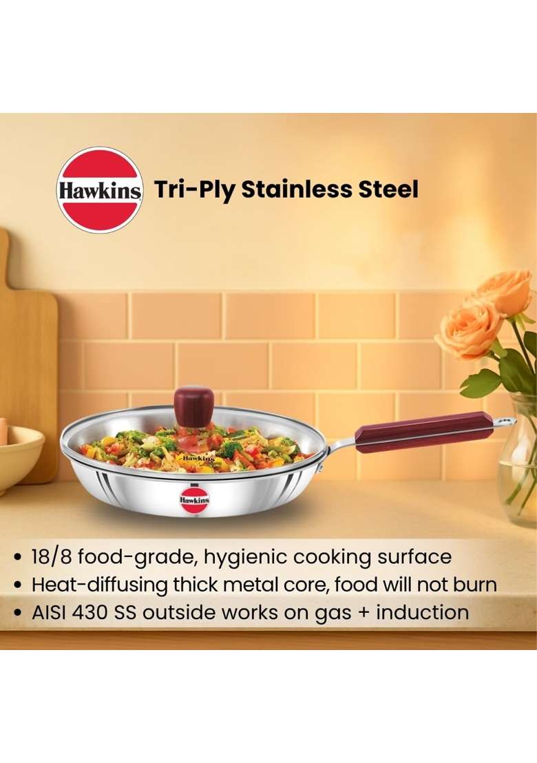 Hawkins Frying Pan Triply Stainless Steel Fry Pan with Glass Lid | 24 cm | 9.4 Inch | Induction Compatible - Indya