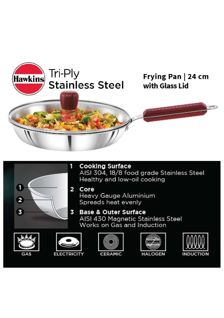 Hawkins Frying Pan Triply Stainless Steel Fry Pan with Glass Lid | 24 cm | 9.4 Inch | Induction Compatible - Indya