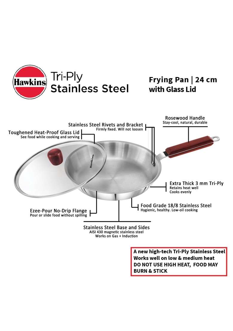 Hawkins Frying Pan Triply Stainless Steel Fry Pan with Glass Lid | 24 cm | 9.4 Inch | Induction Compatible - Indya