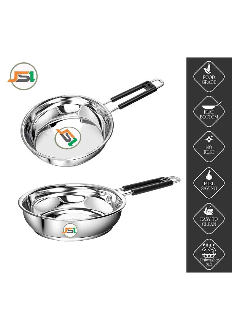 JSI Stainless Steel Heavy Guage Fry Pan with Silicon Handle I Combo Set I Induction | 1800 ml | 60.9 fl oz | 2-Piece Set | Tri-Ply - Indya