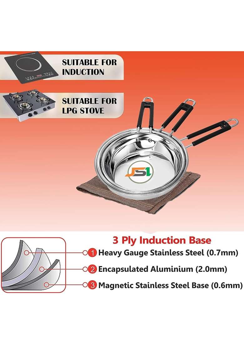 JSI Stainless Steel Heavy Guage Fry Pan with Silicon Handle I I Induction and Gastove | 1500 ml | 50.7 fl oz | Tri-Ply - Indya