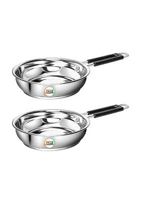 JSI Stainless Steel Heavy Guage Fry Pan with Silicon Handle I Pcs I Induction | 1500 ml | 50.7 fl oz | 2-Piece Set | Tri-Ply