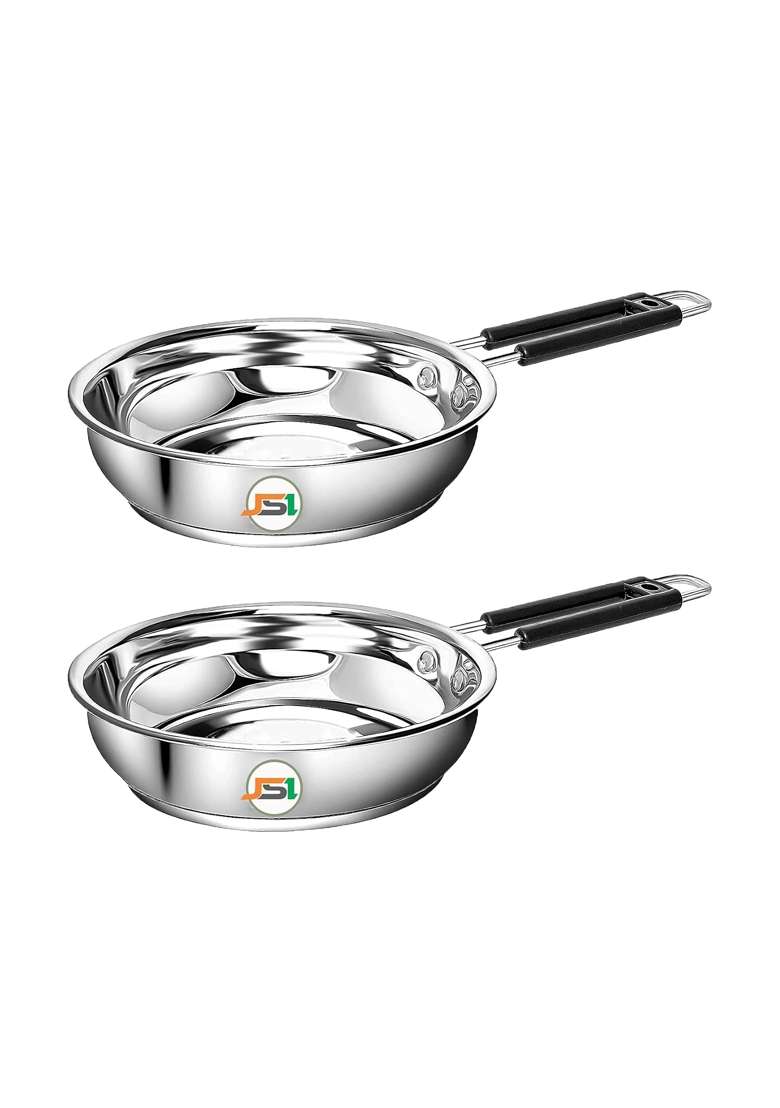 JSI Stainless Steel Heavy Guage Fry Pan with Silicon Handle I Pcs I Induction | 1500 ml | 50.7 fl oz | 2-Piece Set | Tri-Ply - Indya