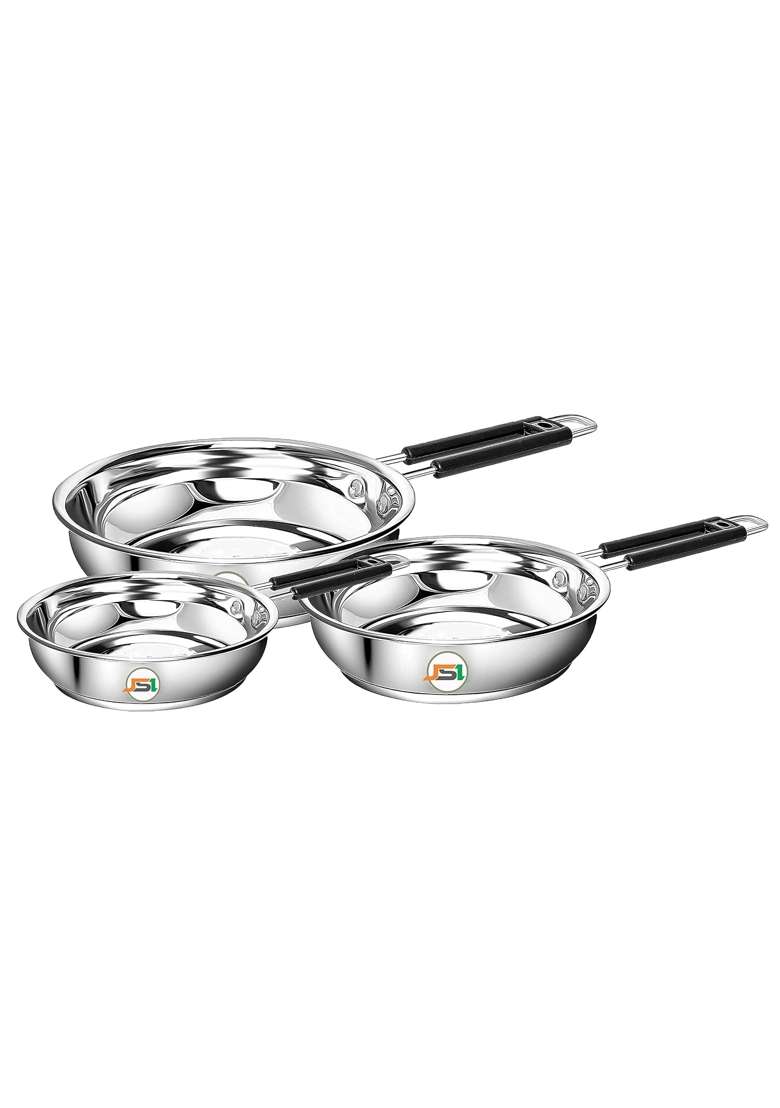 JSI Stainless Steel Heavy Guage Fry Pan with Silicon Handle I Combo Set I Induction | 1800 ml | 60.9 fl oz | 3-Piece Set | Tri-Ply - Indya