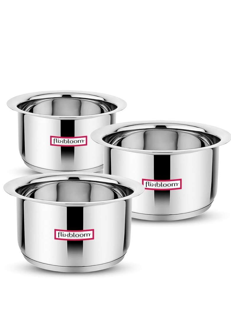 FLIXBLOOM Stainless Steel Big Kitchen Utensil Tope Cooking Pot Container Bhagona | 2 L | 2.1 Qt | 3-Piece Set | Induction Compatible | Tri-Ply - Indya