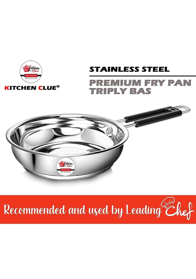 KITCHEN CLUE Stainless Steel Heavy Guage Fry Pan with Silicon Handle I Combo Set I Induction | 1200 ml | 40.6 fl oz | 2-Piece Set | Tri-Ply - Indya