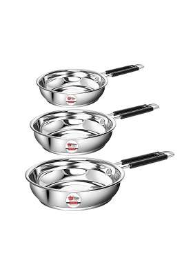 KITCHEN CLUE Stainless Steel Heavy Guage Fry Pan with Silicon Handle I 1200 1500 1800 ML | 1800 ml | 60.9 fl oz | 3-Piece Set | Induction Compatible