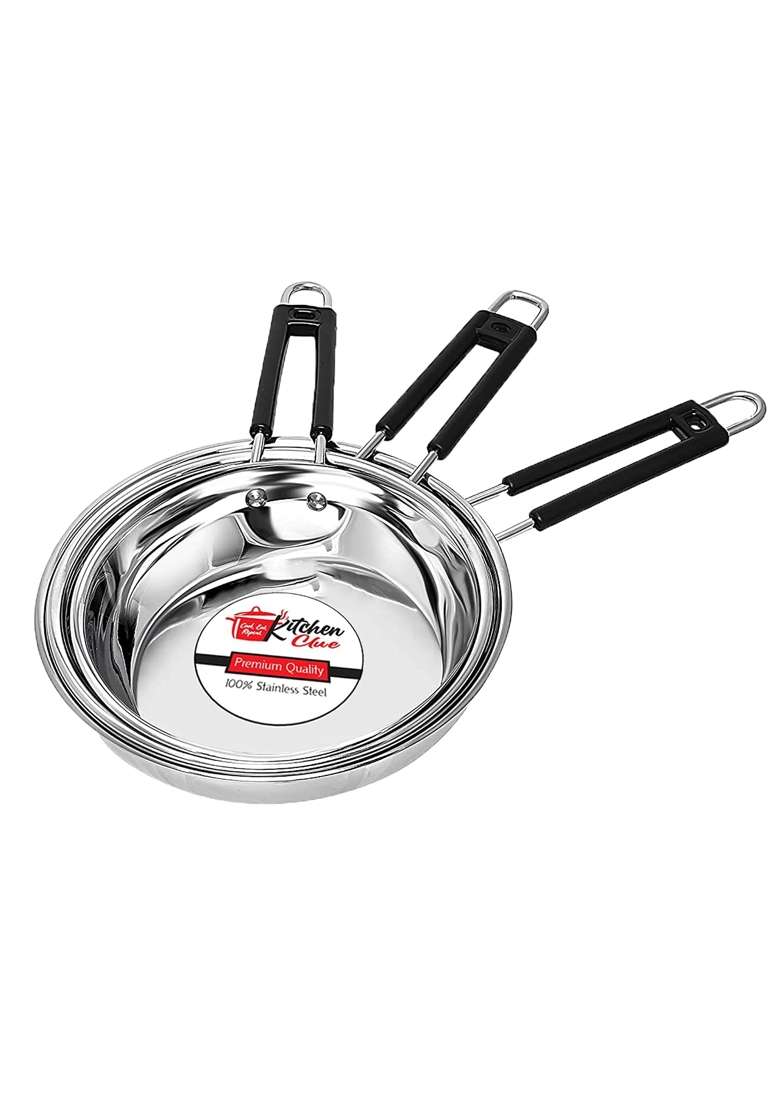 KITCHEN CLUE Stainless Steel Heavy Guage Fry Pan with Silicon Handle I 1200 1500 1800 ML | 1800 ml | 60.9 fl oz | 3-Piece Set | Induction Compatible - Indya