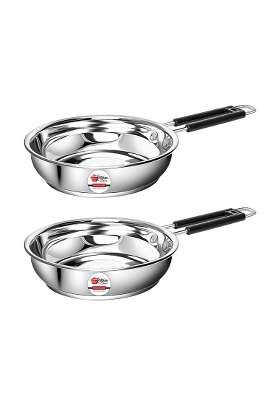KITCHEN CLUE Stainless Steel Heavy Guage Fry Pan with Silicon Handle I Pcs of I Induction | 1800 ml | 60.9 fl oz | 2-Piece Set | Tri-Ply