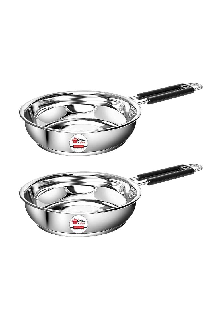 KITCHEN CLUE Stainless Steel Heavy Guage Fry Pan with Silicon Handle I Pcs of I Induction | 1800 ml | 60.9 fl oz | 2-Piece Set | Tri-Ply - Indya