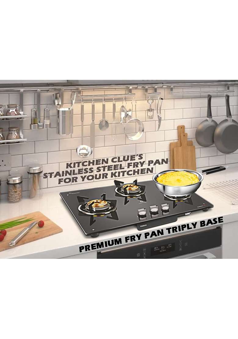 KITCHEN CLUE Stainless Steel Heavy Guage Fry Pan with Silicon Handle I Pcs of I Induction | 1800 ml | 60.9 fl oz | 2-Piece Set | Tri-Ply - Indya