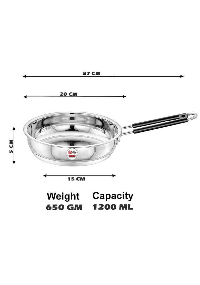 KITCHEN CLUE Stainless Steel Heavy Guage Fry Pan with Silicon Handle I I Induction and Gastove | 1200 ml | 40.6 fl oz | Tri-Ply - Indya
