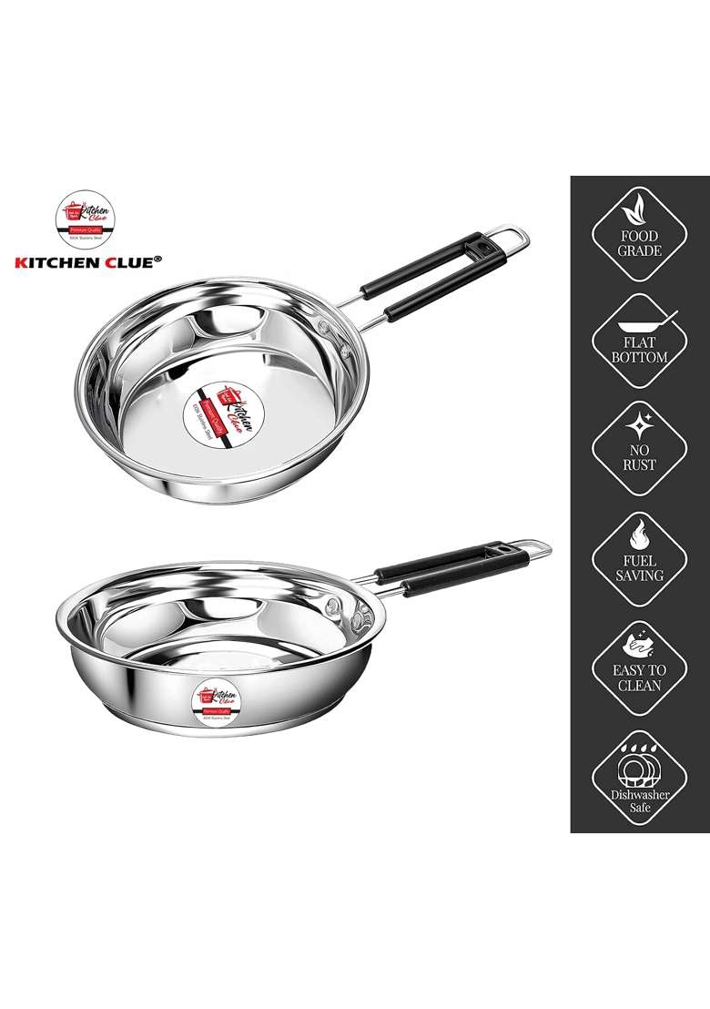 KITCHEN CLUE Stainless Steel Heavy Guage Fry Pan with Silicon Handle I Pcs of I Induction | 1500 ml | 50.7 fl oz | 2-Piece Set | Tri-Ply - Indya
