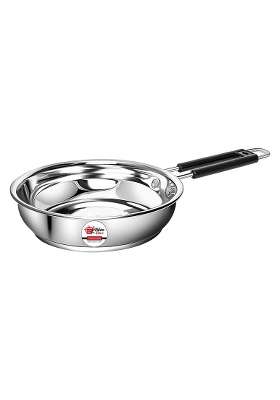 KITCHEN CLUE Stainless Steel Heavy Guage Fry Pan with Silicon Handle I I Induction and Gastove | 1500 ml | 50.7 fl oz | Tri-Ply