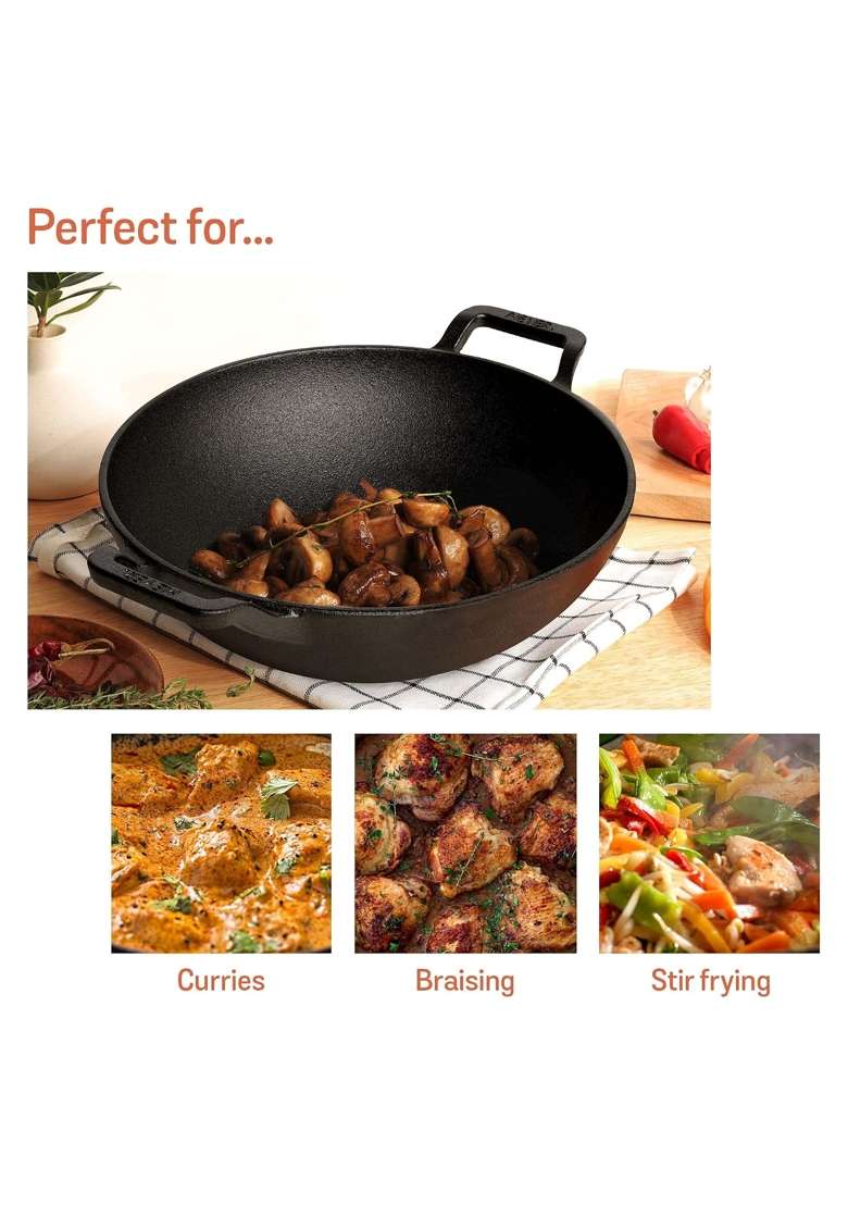 Meyer Pre Seasoned Cast Iron Kadai Wok | 1.5 L | 1.6 Qt | 24 cm | 9.4 Inch | Induction Compatible | Heavy Bottom | With Lid - Indya