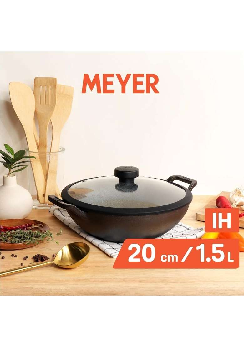 Meyer Pre Seasoned Cast Iron Kadai Wok | 1.5 L | 1.6 Qt | 20 cm | 7.9 Inch | Induction Compatible | Heavy Bottom | With Lid - Indya