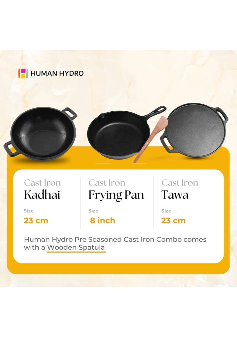 Human Hydro Pre-Seasoned Cast Iron Cookware Set | 23 cm | 9.1 Inch | Non-Toxic | Non-Stick - Indya
