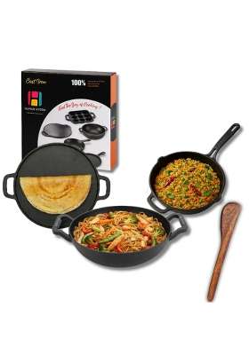 Human Hydro Cast Iron Cookware Set with Free Wooden Spatula | 23 cm | 9.1 Inch | Induction Compatible | Pre-Seasoned