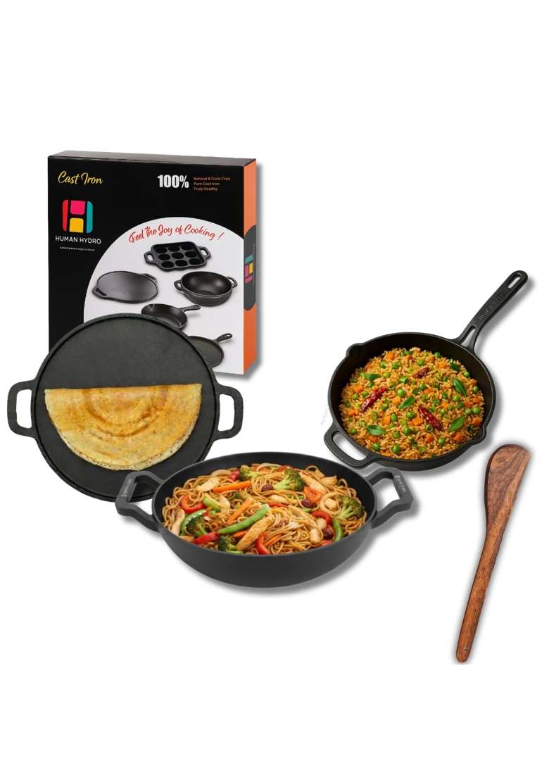 Human Hydro Cast Iron Cookware Set with Free Wooden Spatula | 23 cm | 9.1 Inch | Induction Compatible | Pre-Seasoned - Indya