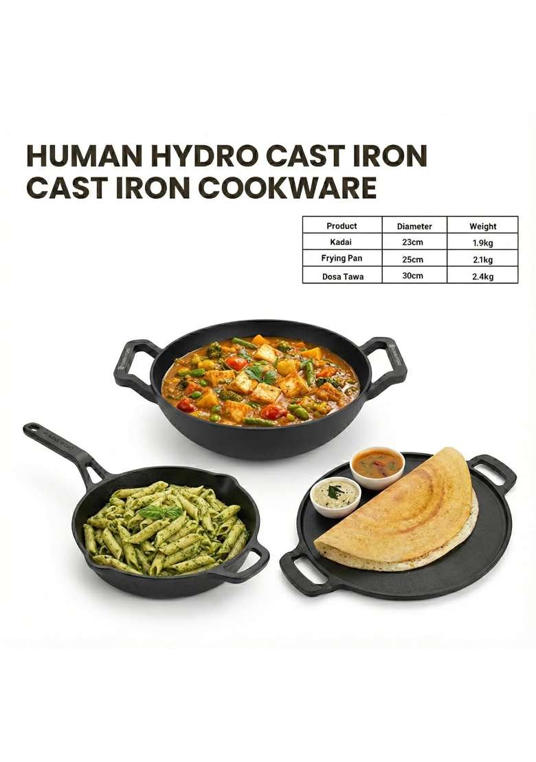 Human Hydro Cast Iron Cookware Set with Free Wooden Spatula | 23 cm | 9.1 Inch | Induction Compatible | Pre-Seasoned - Indya