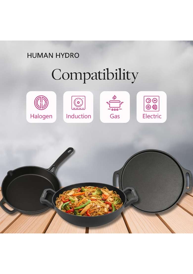Human Hydro Cast Iron Cookware Set with Free Wooden Spatula | 23 cm | 9.1 Inch | Induction Compatible | Pre-Seasoned - Indya