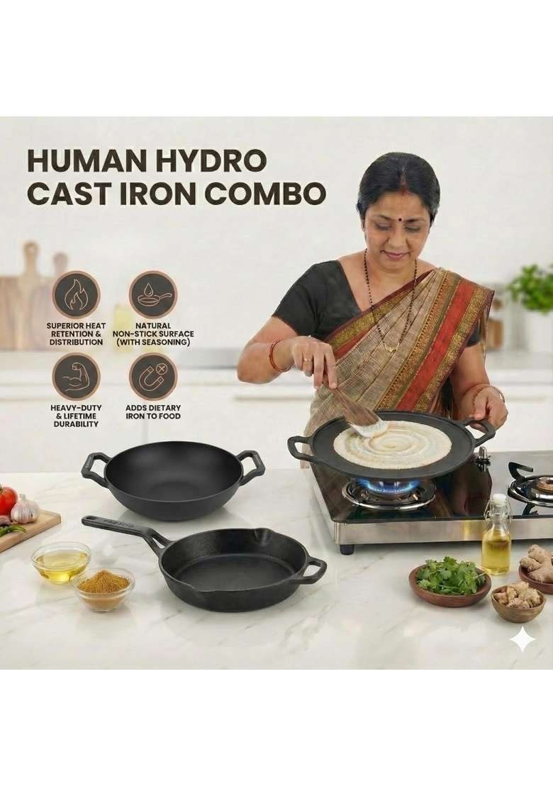 Human Hydro Cast Iron Cookware Set with Free Wooden Spatula | 23 cm | 9.1 Inch | Induction Compatible | Pre-Seasoned - Indya