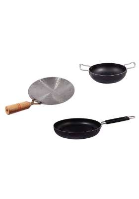 KITCHEN SHOPEE Iron Cookware Set Combo Kadai Wok Frying Cooking Deep Heavy Base with Handle | 5.5 L | 5.8 Qt | 11 Inch