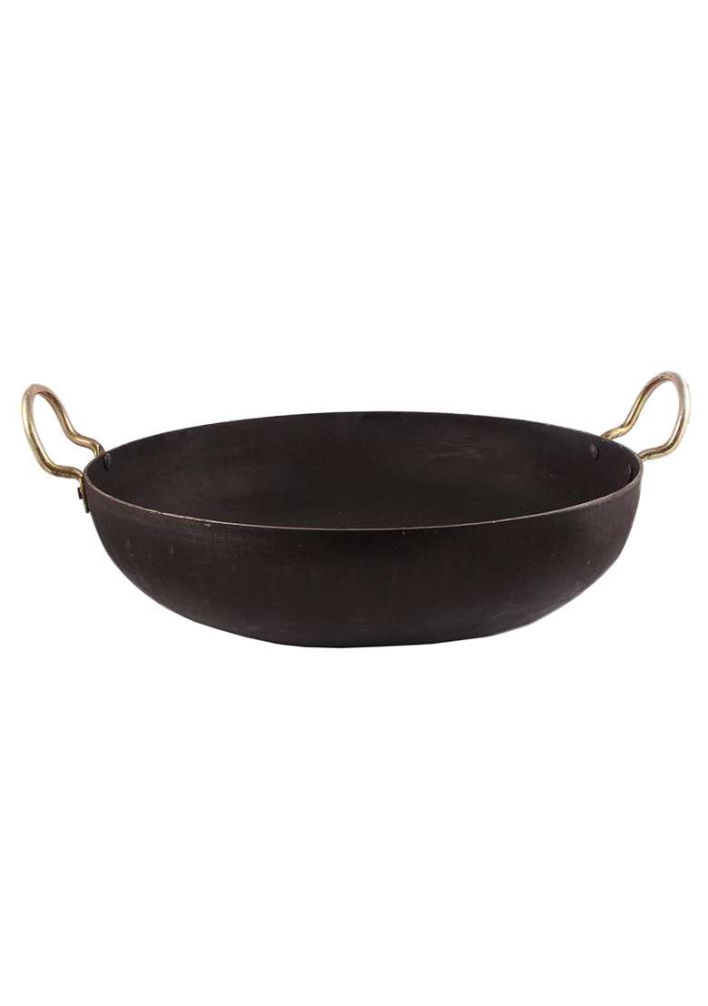 KITCHEN SHOPEE Iron 3pes Cookware Set Combo Traditional Kadai Wok Frying Cooking with Handle Deep | 5.5 L | 5.8 Qt | 12 Inch - Indya