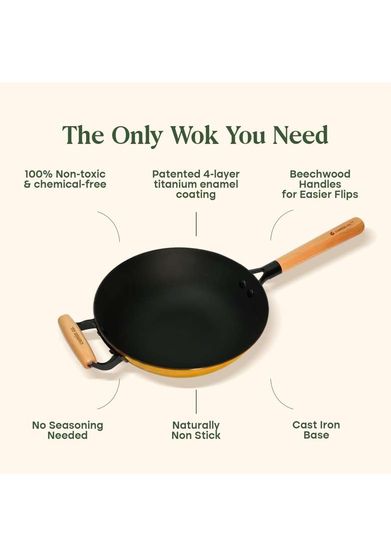 CUMIN CO. Enamel Cast Iron Wok | 1.5 L | 1.6 Qt | 26 cm | 10.2 Inch | Induction Compatible | Heavy Bottom | Non-Toxic | Non-Stick - Indya