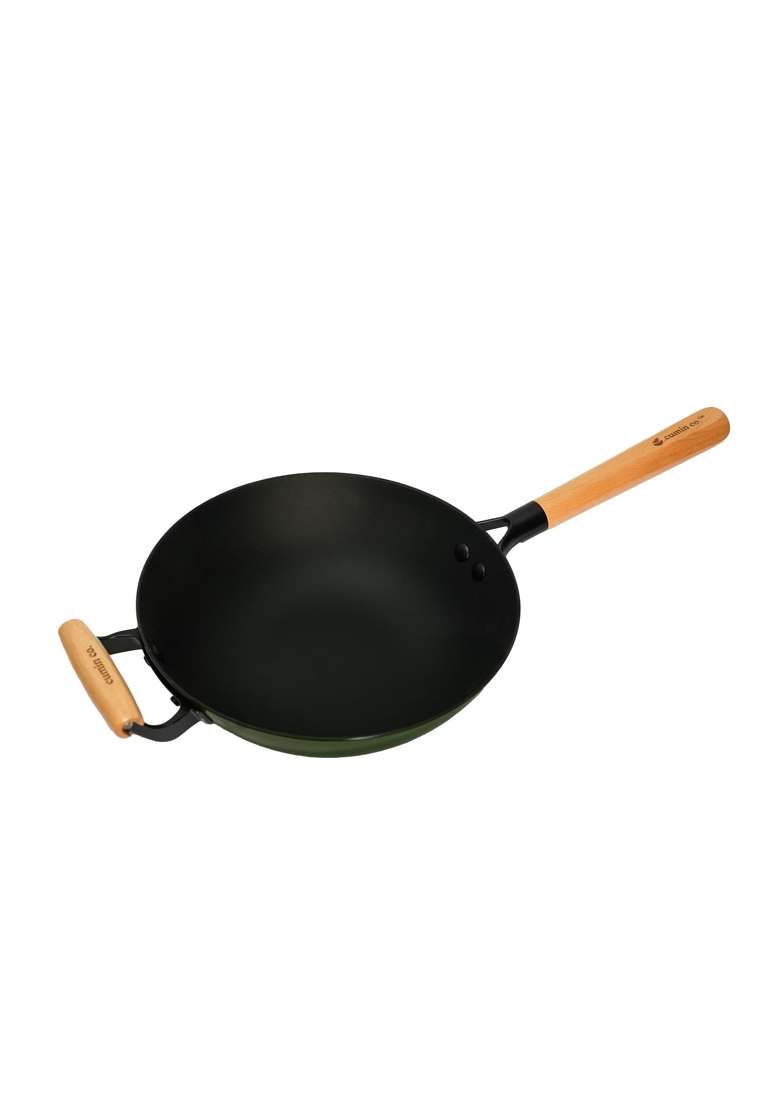 CUMIN CO. Enamel Cast Iron Wok | 1.5 L | 1.6 Qt | 26 cm | 10.2 Inch | Induction Compatible | Heavy Bottom | Non-Toxic | Non-Stick - Indya