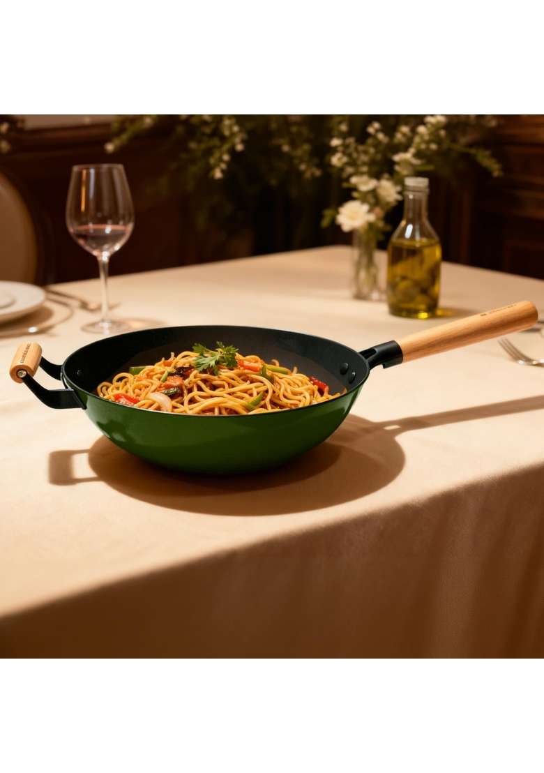 CUMIN CO. Enamel Cast Iron Wok | 1.5 L | 1.6 Qt | 26 cm | 10.2 Inch | Induction Compatible | Heavy Bottom | Non-Toxic | Non-Stick - Indya