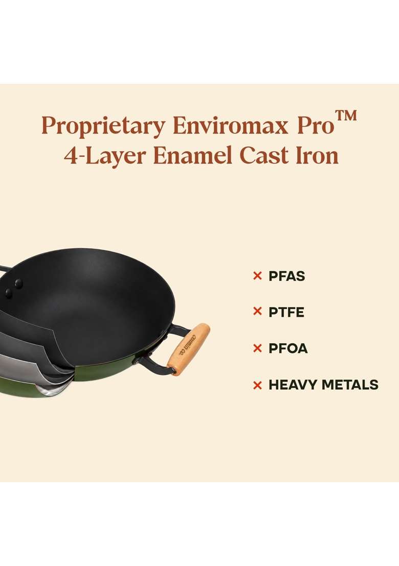 CUMIN CO. Enamel Cast Iron Wok | 1.5 L | 1.6 Qt | 26 cm | 10.2 Inch | Induction Compatible | Heavy Bottom | Non-Toxic | Non-Stick - Indya