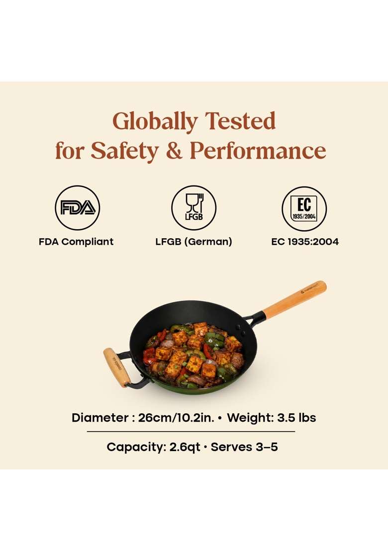 CUMIN CO. Enamel Cast Iron Wok | 1.5 L | 1.6 Qt | 26 cm | 10.2 Inch | Induction Compatible | Heavy Bottom | Non-Toxic | Non-Stick - Indya