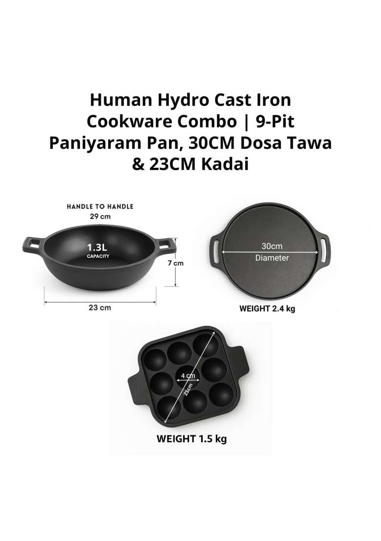 Human Hydro Cast Iron Cookware Combo | 30 cm | 11.8 Inch | Induction Compatible | Pre-Seasoned | Non-Stick - Indya