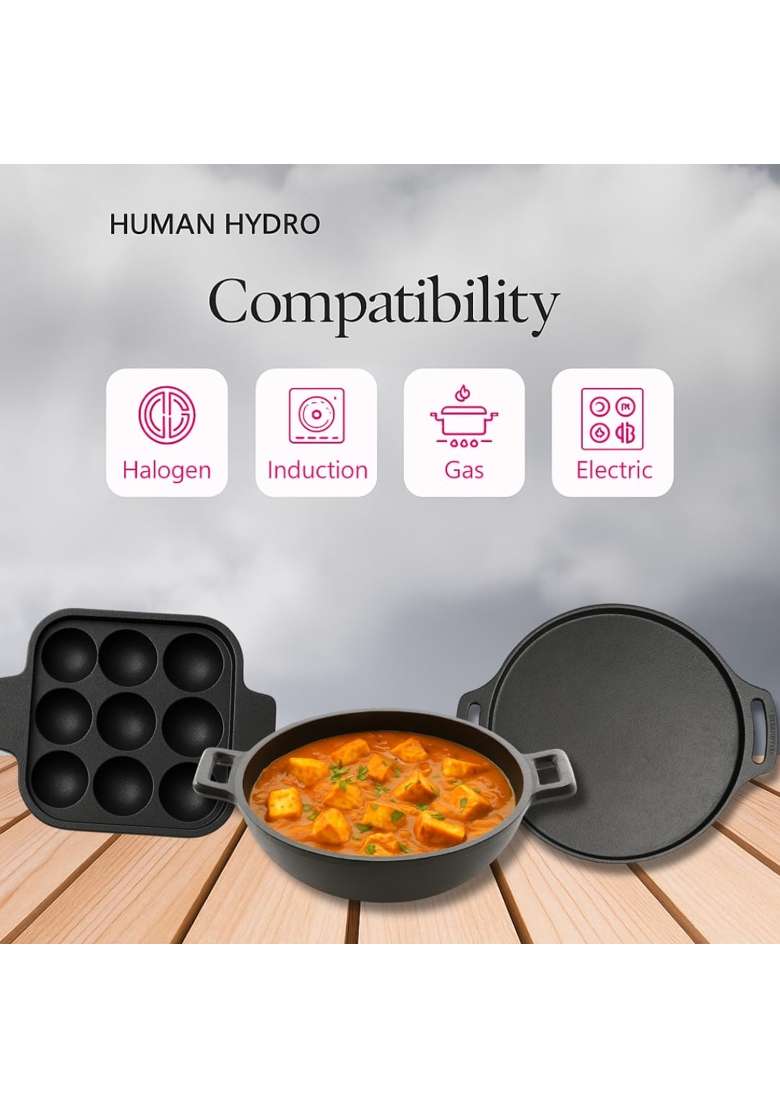 Human Hydro Cast Iron Cookware Combo | 30 cm | 11.8 Inch | Induction Compatible | Pre-Seasoned | Non-Stick - Indya