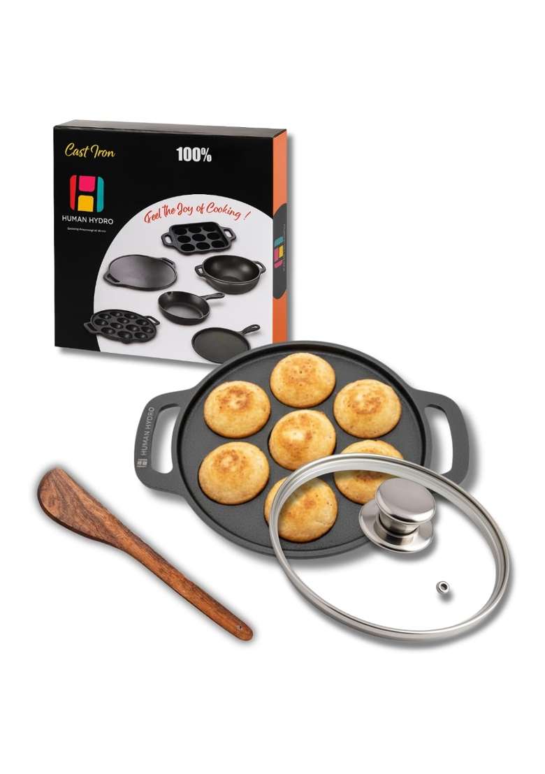 Human Hydro Pre-Seasoned Cast Iron Paniyaram Pan Ebelskiver-Style Pan | Induction Compatible | Non-Stick | With Lid - Indya