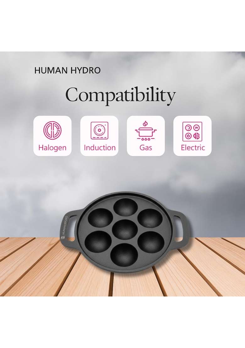 Human Hydro Pre-Seasoned Cast Iron Paniyaram Pan Ebelskiver-Style Pan | Induction Compatible | Non-Stick | With Lid - Indya