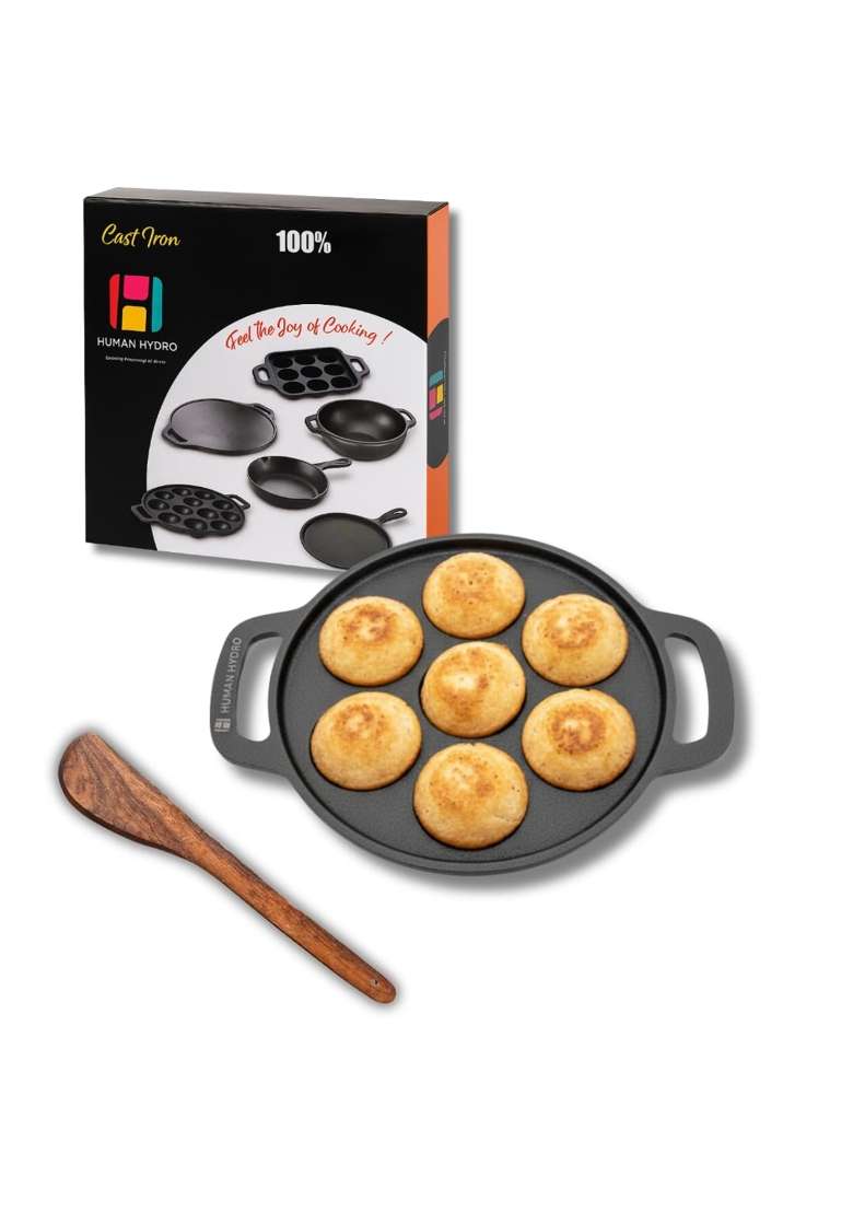 Human Hydro Pre-Seasoned Cast Iron Paniyaram Pan Ebelskiver-Style Pan | Induction Compatible | Non-Stick - Indya