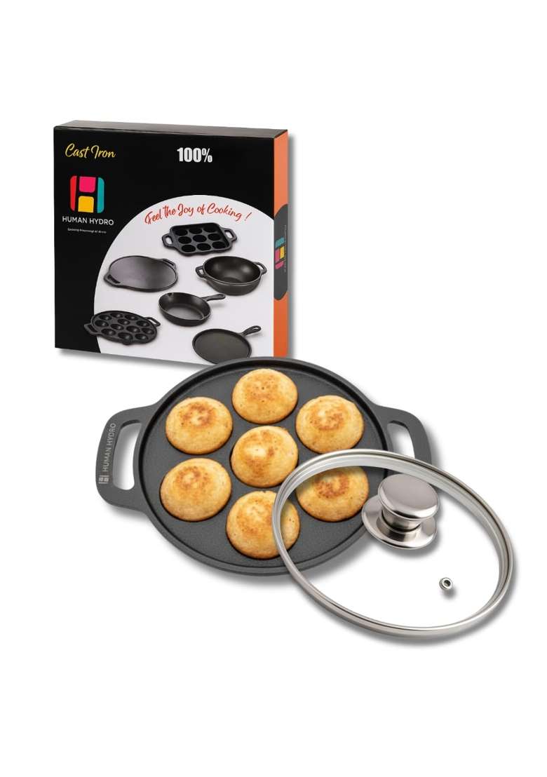 Human Hydro Pre-Seasoned Cast Iron Paniyaram Pan Ebelskiver-Style Pan | Induction Compatible | Non-Stick | With Lid - Indya