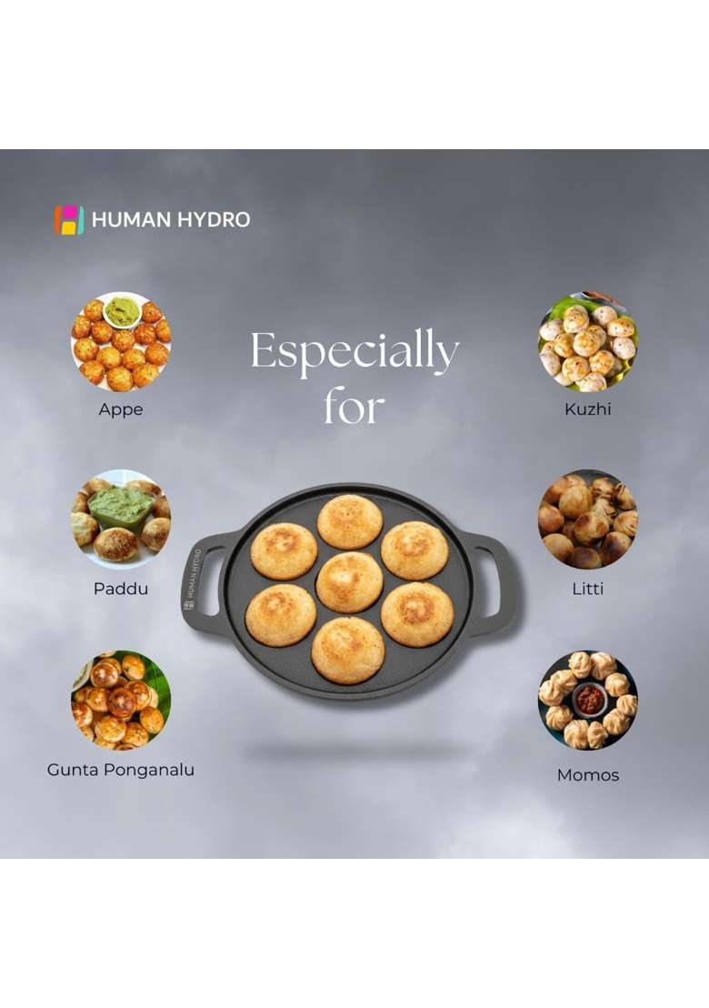 Human Hydro Pre-Seasoned Cast Iron Paniyaram Pan Ebelskiver-Style Pan | Induction Compatible | Non-Stick | With Lid - Indya